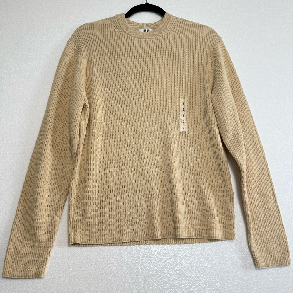 NWT Uniqlo Crewneck Ribbed Knit Sweater Size S Cotton Beige Cream